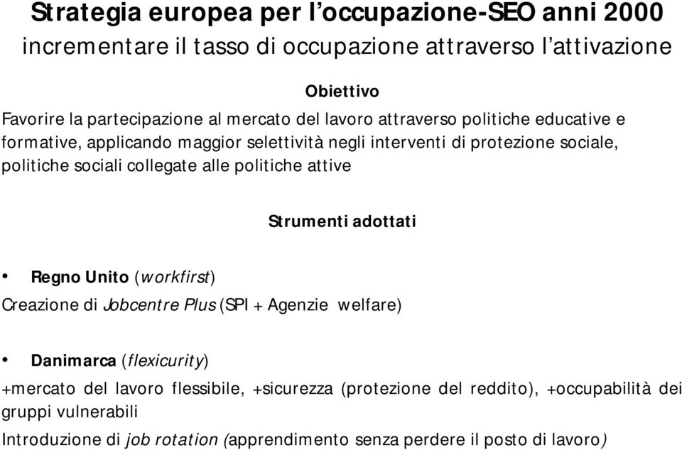 politiche attive Strumenti adottati Regno Unito (workfirst) Creazione di Jobcentre Plus (SPI + Agenzie welfare) Danimarca (flexicurity) +mercato del lavoro