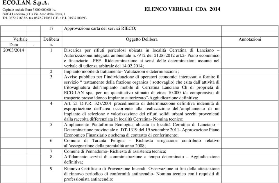 2014; 2 Impianto mobile di trattamento- Valutazioni e determinazioni ; 3 Avviso pubblico per l individuazione di operatori economici interessati a fornire il servizio trattamento della frazione