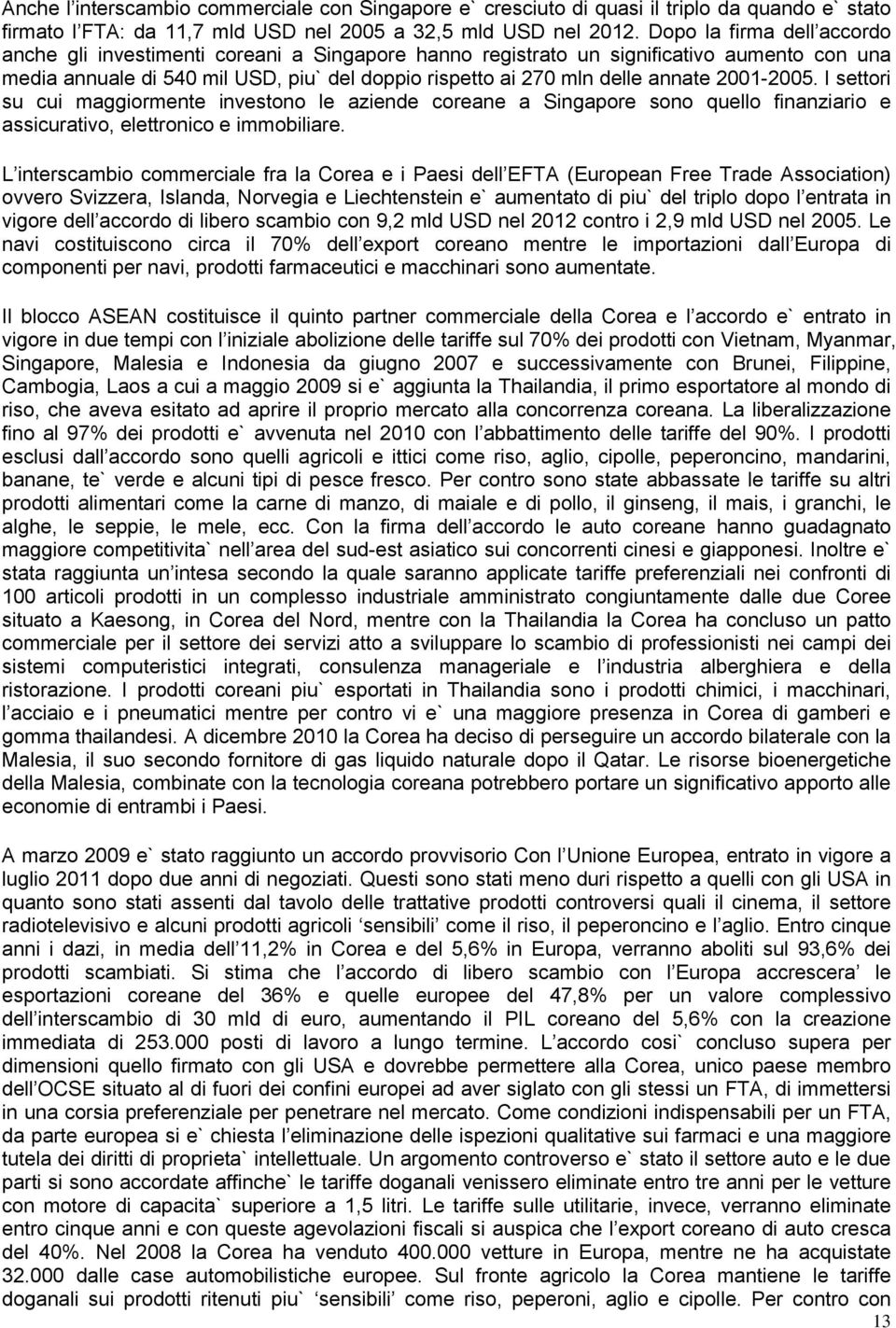 2001-2005. I settori su cui maggiormente investono le aziende coreane a Singapore sono quello finanziario e assicurativo, elettronico e immobiliare.