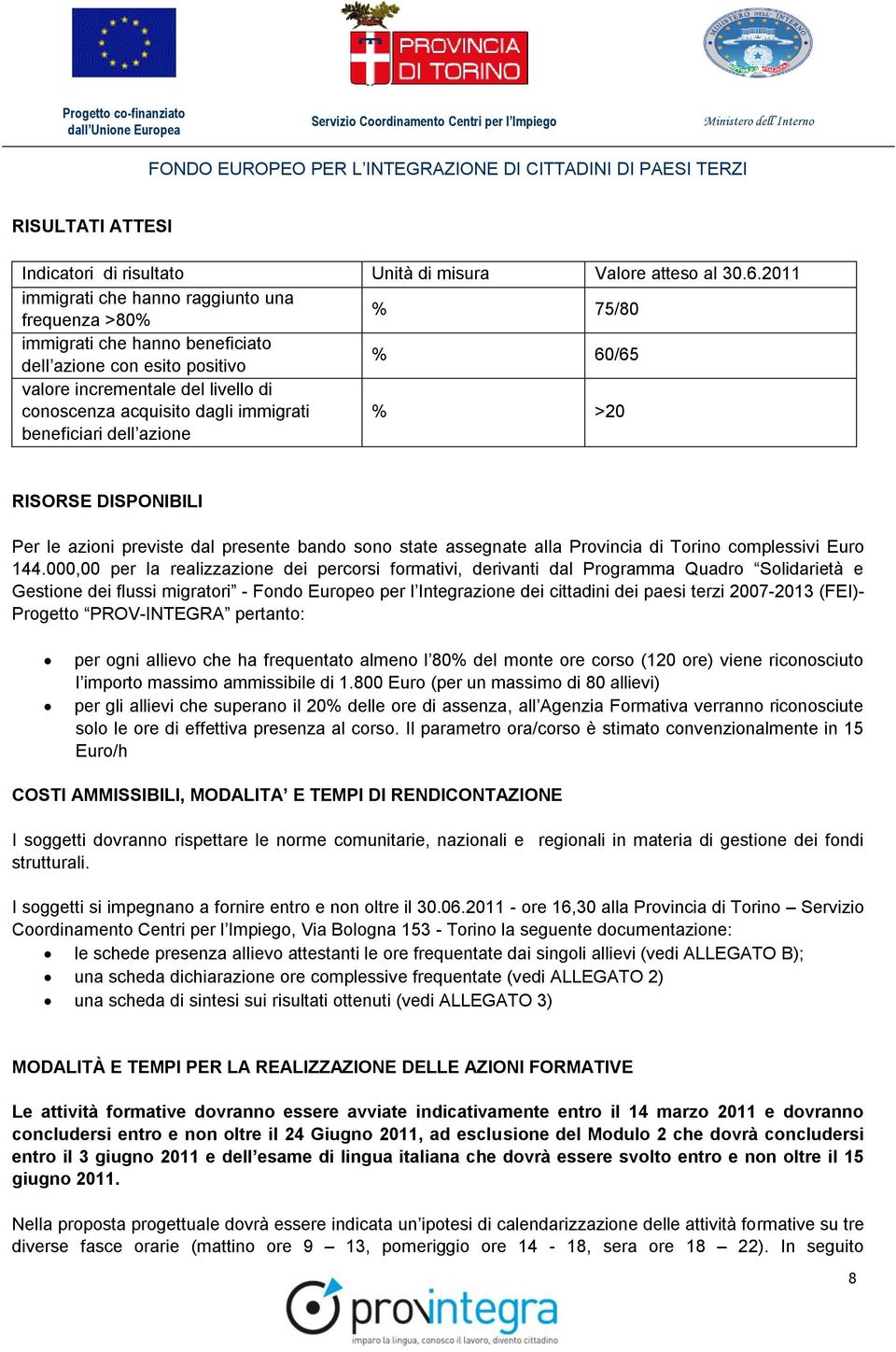 immigrati beneficiari dell azione % >20 RISORSE DISPONIBILI Per le azioni previste dal presente bando sono state assegnate alla Provincia di Torino complessivi Euro 144.