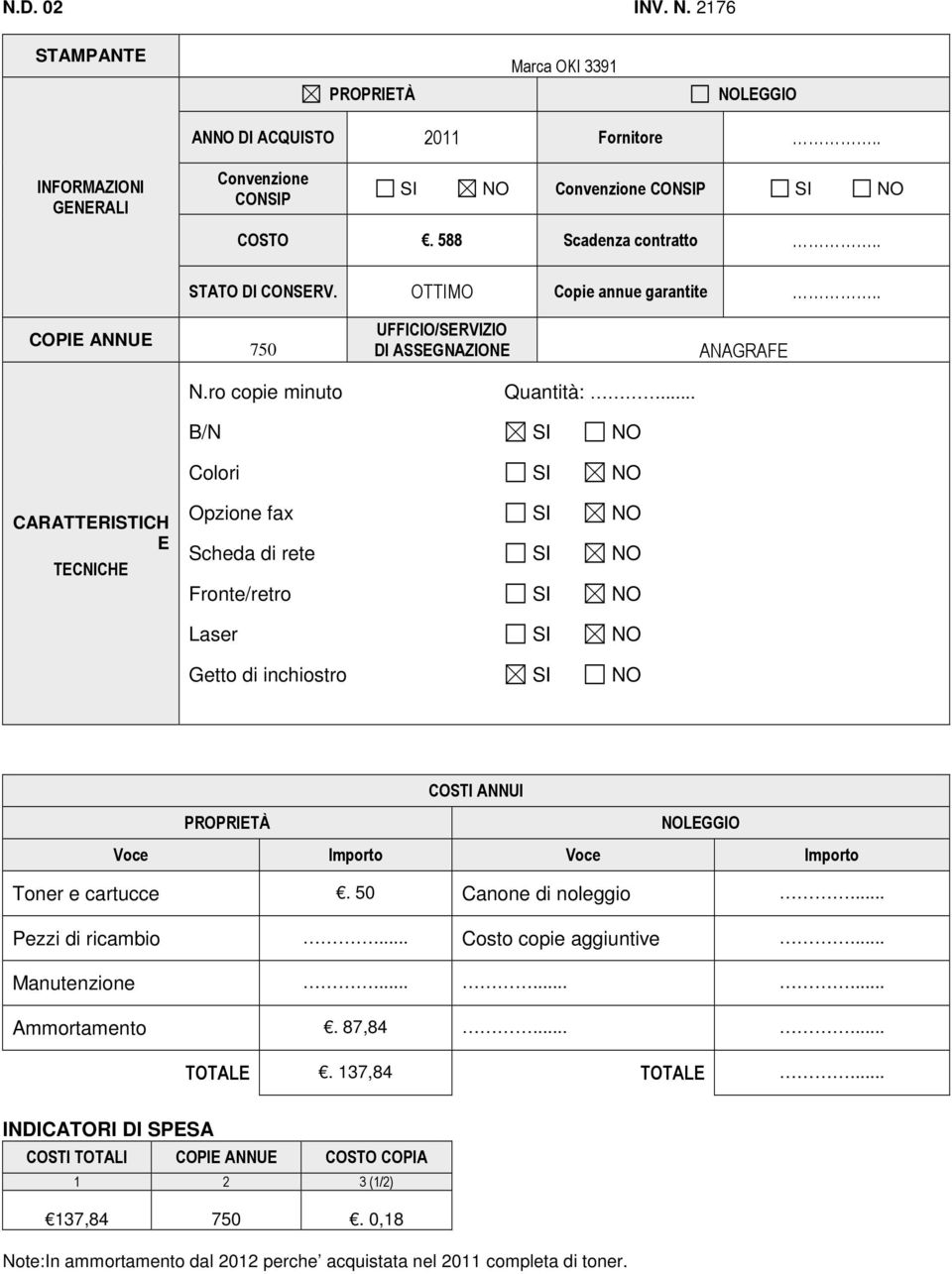 .. B/N SI NO Colori SI NO CARATTERISTICH E TECNICHE Opzione fax SI NO Scheda di rete SI NO Fronte/retro SI NO Laser SI NO Getto di inchiostro SI NO COSTI ANNUI Voce Importo Voce Importo Toner e