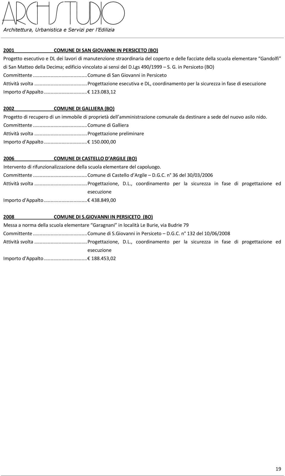 ..progettazione esecutiva e DL, coordinamento per la sicurezza in fase di esecuzione Importo d'appalto... 123.