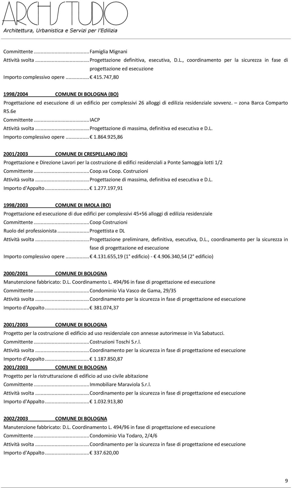 ..IACP Attività svolta...progettazione di massima, definitiva ed esecutiva e D.L. Importo complessivo opere... 1.864.