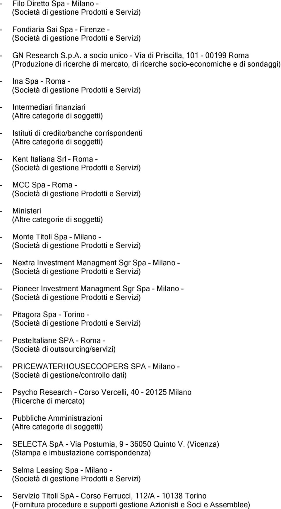 credito/banche corrispondenti - Kent Italiana Srl - Roma - - MCC Spa - Roma - - Ministeri - Monte Titoli Spa - Milano - - Nextra Investment Managment Sgr Spa - Milano - - Pioneer Investment Managment