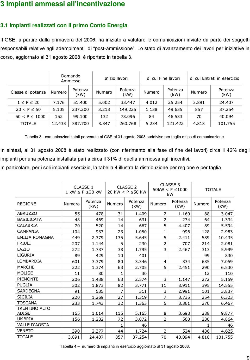 adempimenti di post-ammissione. Lo stato di avanzamento dei lavori per iniziative in corso, aggiornato al 31 agosto 2008, è riportato in tabella 3.