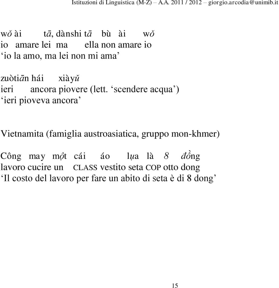 scendere acqua ) ieri pioveva ancora Vietnamita (famiglia austroasiatica, gruppo mon-khmer)