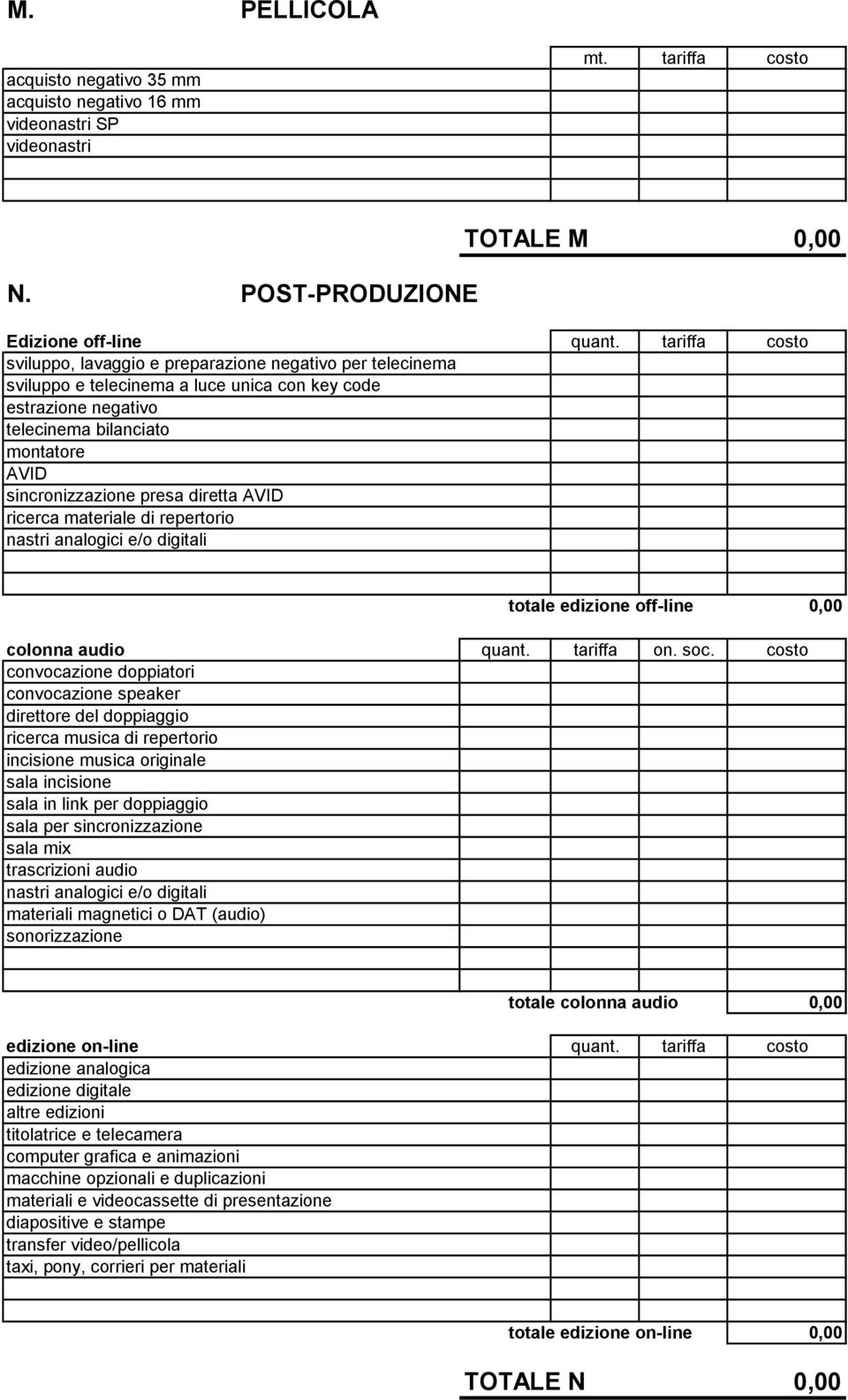 diretta AVID ricerca materiale di repertorio nastri analogici e/o digitali totale edizione off-line colonna audio quant. tariffa on. soc.