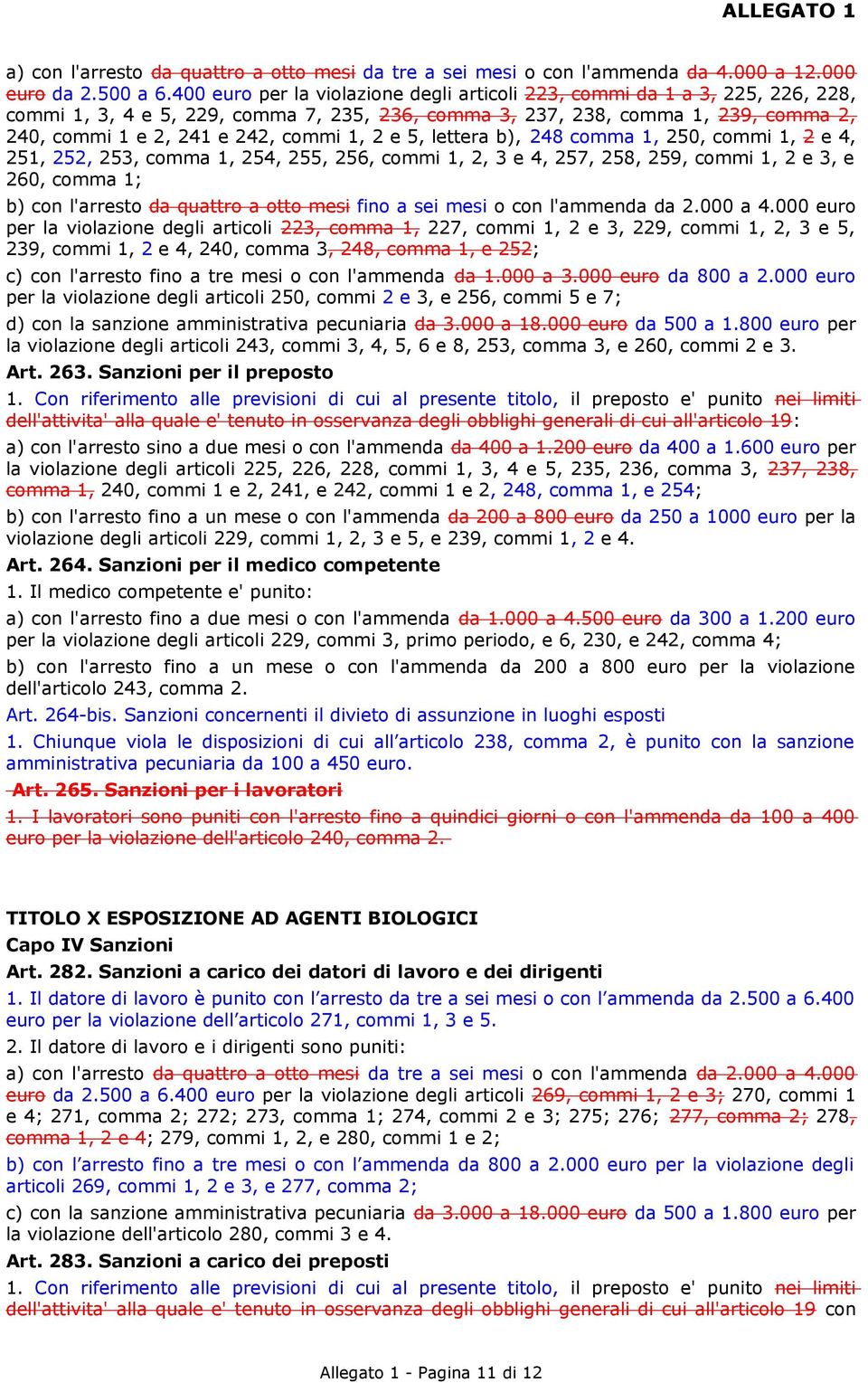 1, 2 e 5, lettera b), 248 comma 1, 250, commi 1, 2 e 4, 251, 252, 253, comma 1, 254, 255, 256, commi 1, 2, 3 e 4, 257, 258, 259, commi 1, 2 e 3, e 260, comma 1; b) con l'arresto da quattro a otto