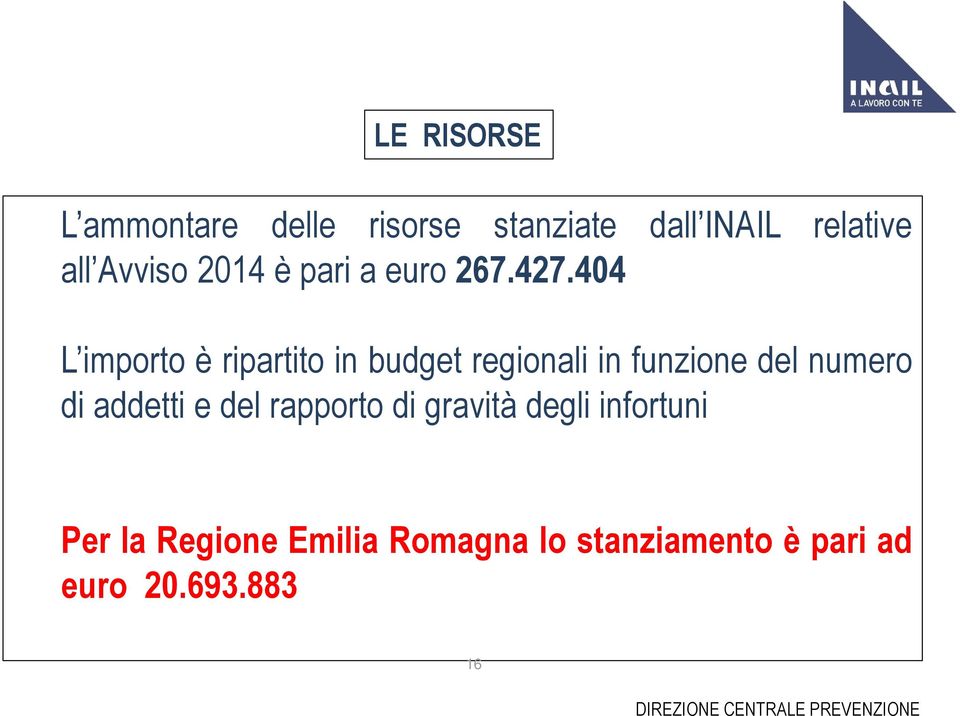 404 L importo è ripartito in budget regionali in funzione del numero di addetti e del rapporto di gravità