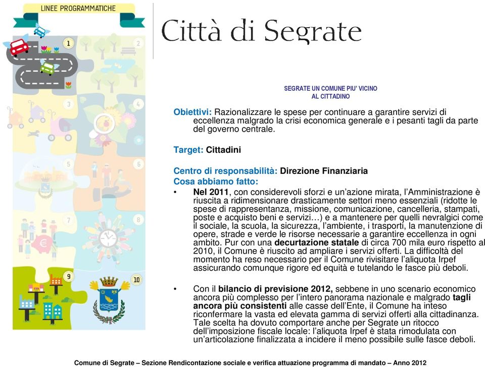 Target: Cittadini Centro di responsabilità: Direzione Finanziaria Cosa abbiamo fatto: Nel 2011, con considerevoli sforzi e un azione mirata, l Amministrazione è riuscita a ridimensionare