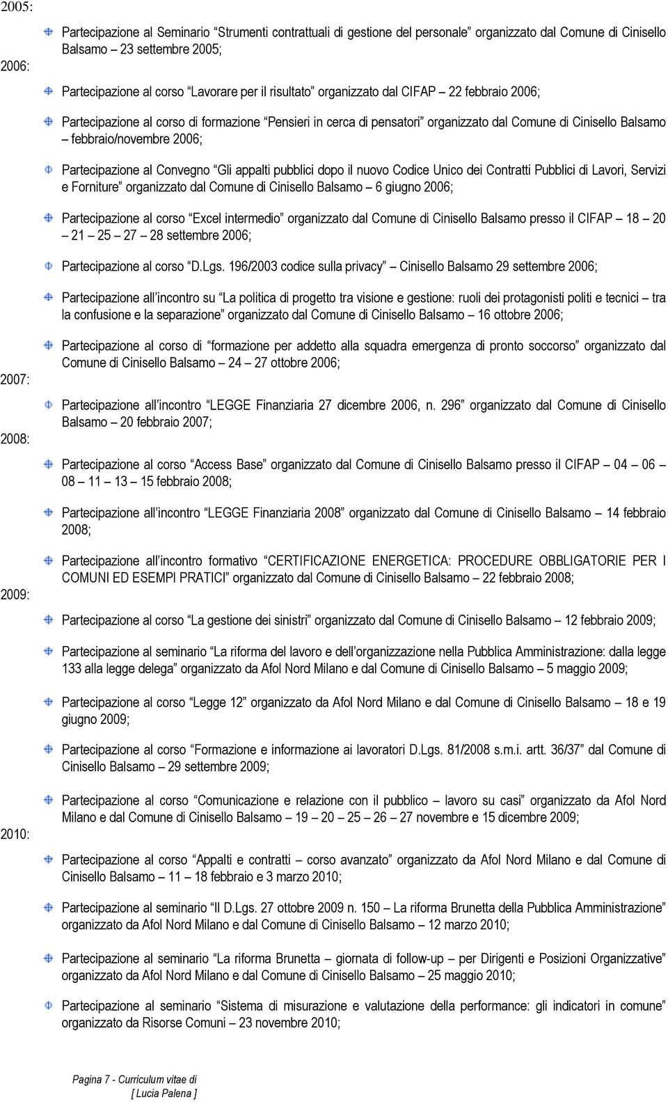 Partecipazione al Convegno Gli appalti pubblici dopo il nuovo Codice Unico dei Contratti Pubblici di Lavori, Servizi e Forniture organizzato dal Comune di Cinisello Balsamo 6 giugno 2006;