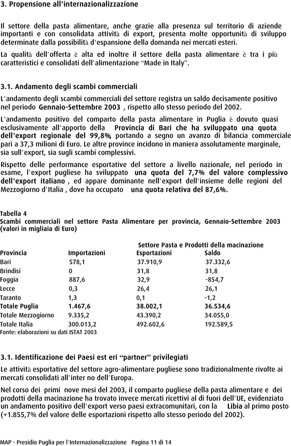 La qualità dell offerta è alta ed inoltre il settore della pasta alimentare è tra i più caratteristici e consolidati dell alimentazione Made in Italy. 3.1.