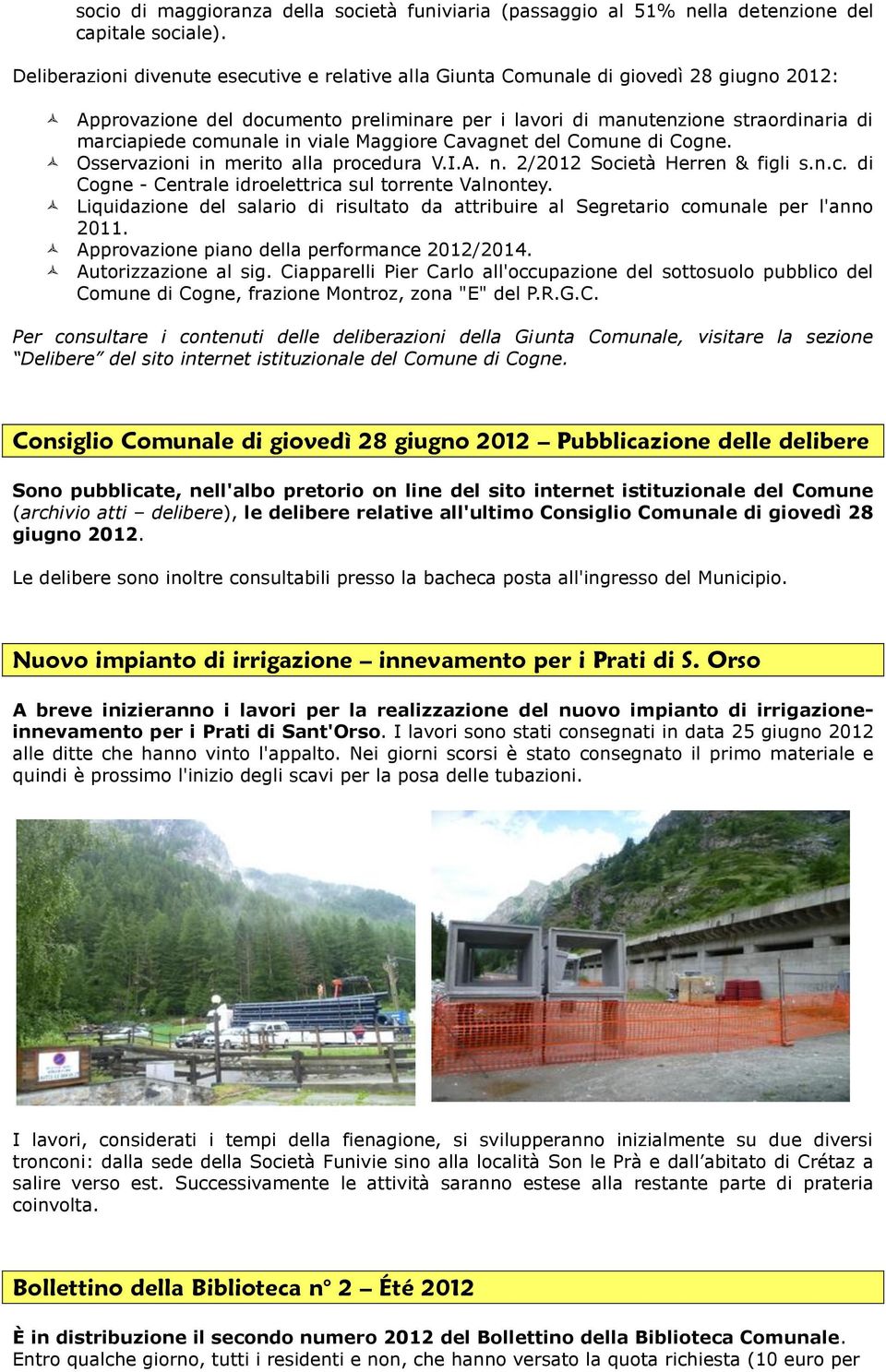 in viale Maggiore Cavagnet del Comune di Cogne. Osservazioni in merito alla procedura V.I.A. n. 2/2012 Società Herren & figli s.n.c. di Cogne - Centrale idroelettrica sul torrente Valnontey.