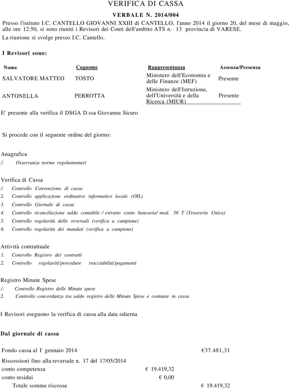 I Revisori sono: Nome Cognome Rappresentanza Assenza/Presenza SALVATORE MATTEO TOSTO Ministero dell'economia e delle Finanze (MEF) Presente ANTONELLA PERROTTA Ministero dell'istruzione,