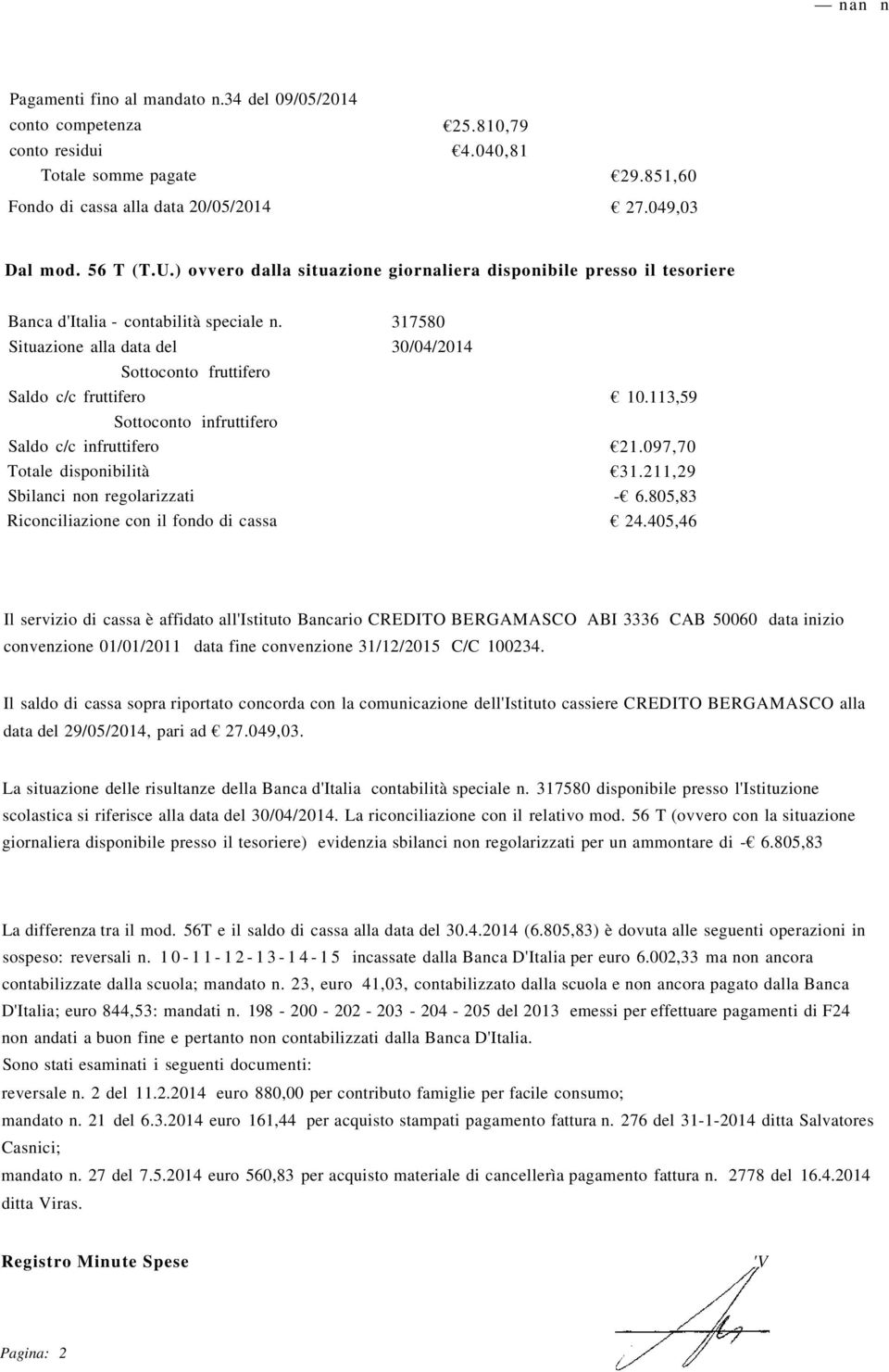 Situazione alla data del Sottoconto fruttifero Saldo c/c fruttifero Sottoconto infruttifero Saldo c/c infruttifero Totale disponibilità Sbilanci non regolarizzati Riconciliazione con il fondo di