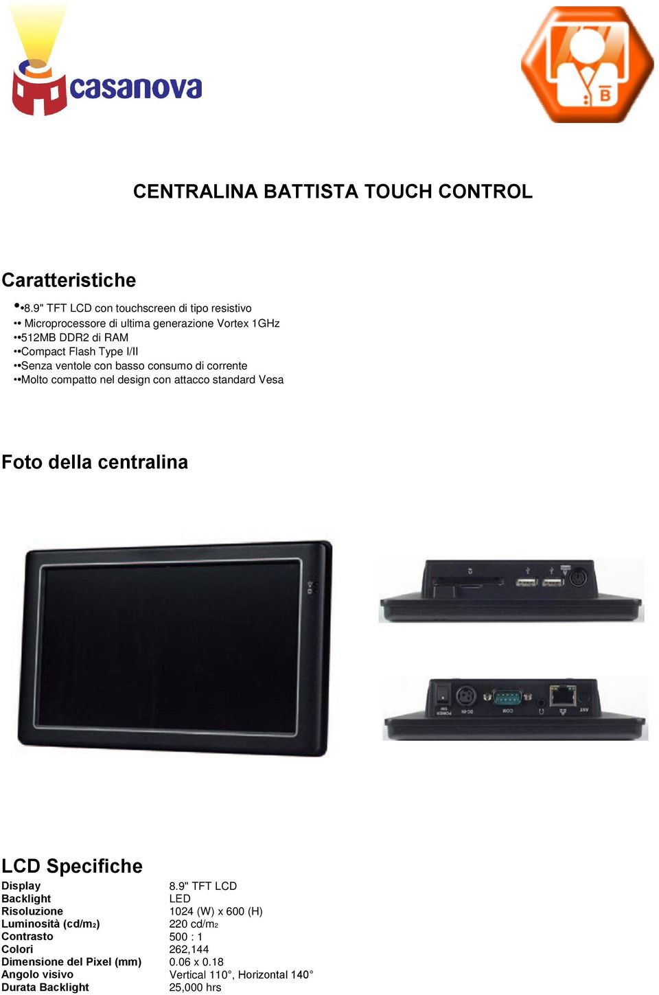 Senza ventole con basso consumo di corrente Molto compatto nel design con attacco standard Vesa Foto della centralina LCD Specifiche