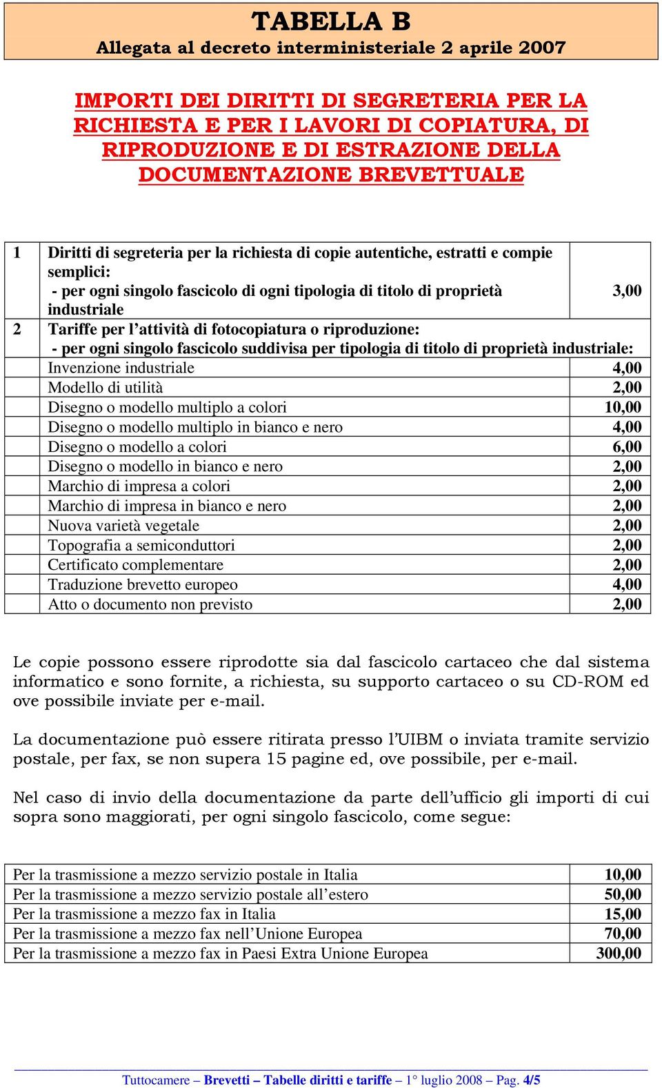 per l attività di fotocopiatura o riproduzione: - per ogni singolo fascicolo suddivisa per tipologia di titolo di proprietà industriale: Invenzione industriale 4,00 Modello di utilità 2,00 Disegno o