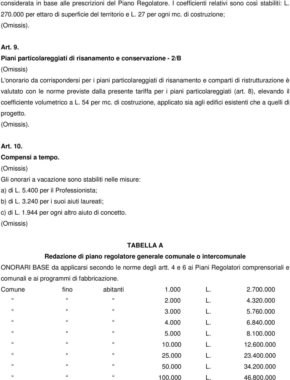 Piani particolareggiati di risanamento e conservazione - 2/B (Omissis) L'onorario da corrispondersi per i piani particolareggiati di risanamento e comparti di ristrutturazione è valutato con le norme