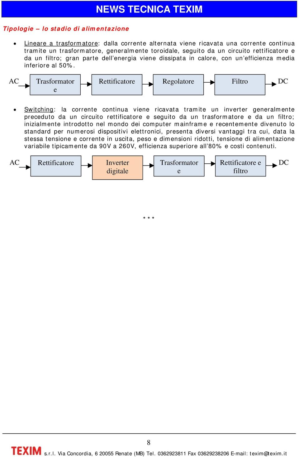 AC Trasformator e Rettificatore Regolatore Filtro DC Switching: la corrente continua viene ricavata tramite un inverter generalmente preceduto da un circuito rettificatore e seguito da un