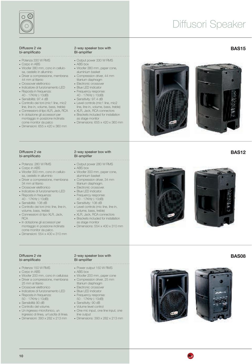 Dimensioni: 655 x 420 x 360 mm 2-way speaker box with BI-amplifier Output power 330 W RMS Woofer 380 mm, paper cone, aluminium basket Compression driver, 44 mm Sensitivity: 97.