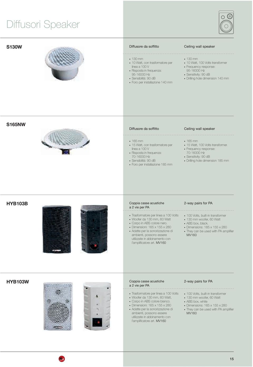 Volts transformer. 70-16000 Hz Drilling hole dimension 185 mm HYB103B Coppia casse acustiche a 2 vie per PA Trasformatore per linea a 100 Volts Woofer da 130 mm, 60 Watt colore nero.