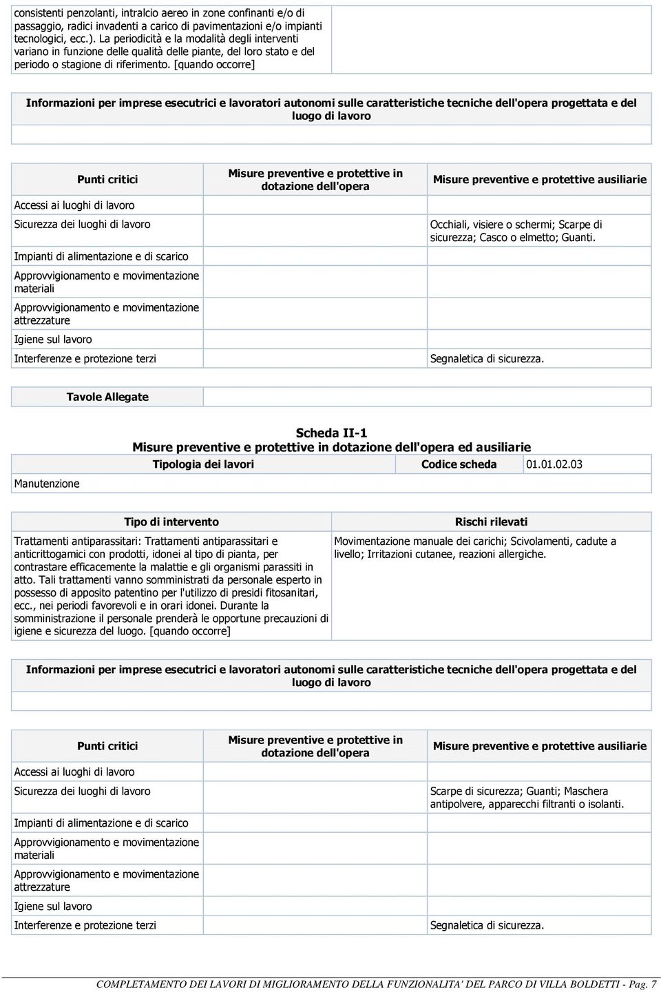 [quando occorre] Occhiali, visiere o schermi; Scarpe di sicurezza; Casco o elmetto; Guanti. ed ausiliarie Tipologia dei lavori Codice scheda 01.01.02.