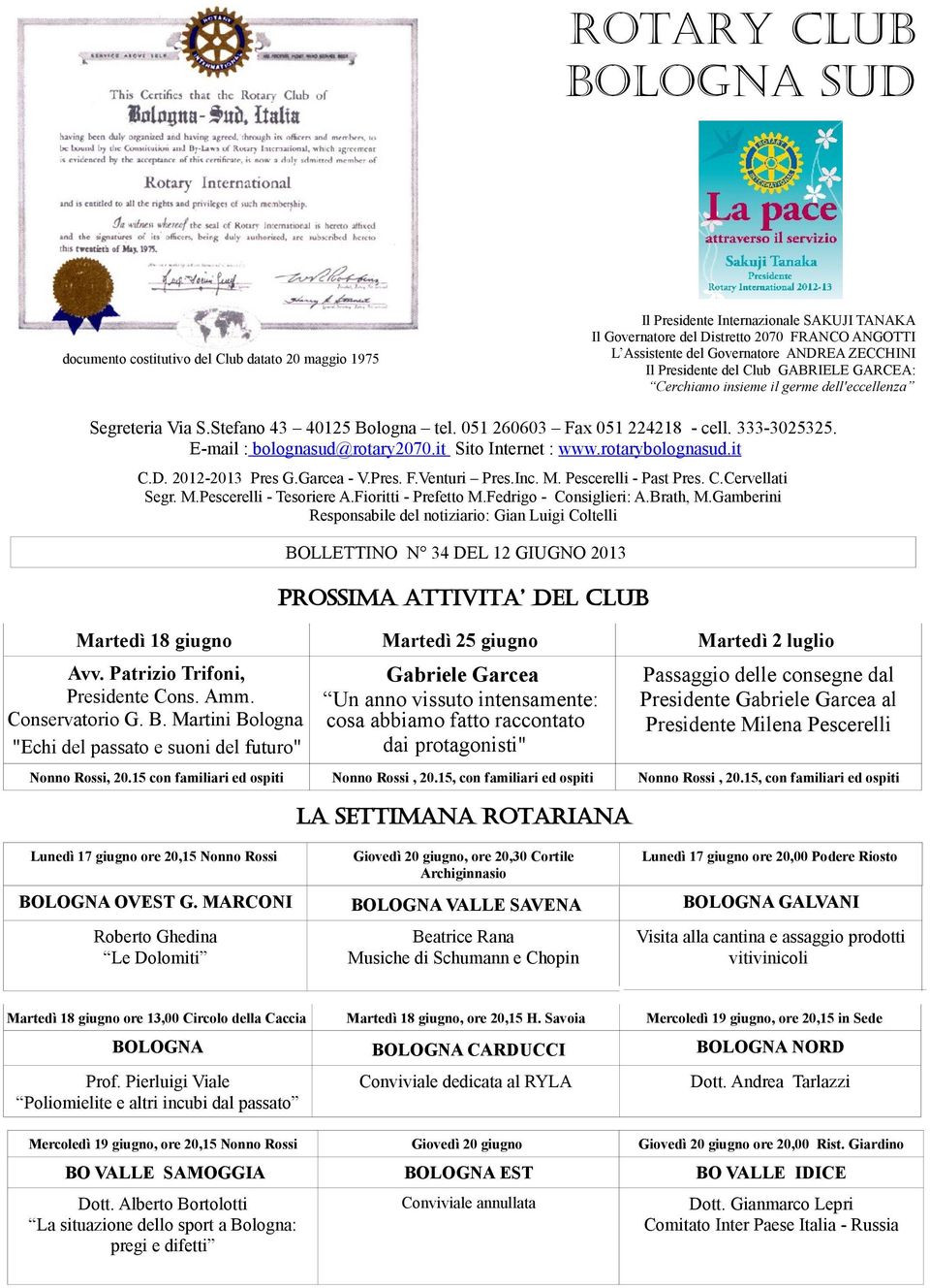 E-mail : bolognasud@rotary2070.it Sito Internet : www.rotarybolognasud.it C.D. 2012-2013 Pres G.Garcea - V.Pres. F.Venturi Pres.Inc. M. Pescerelli - Past Pres. C.Cervellati Segr. M.Pescerelli - Tesoriere A.