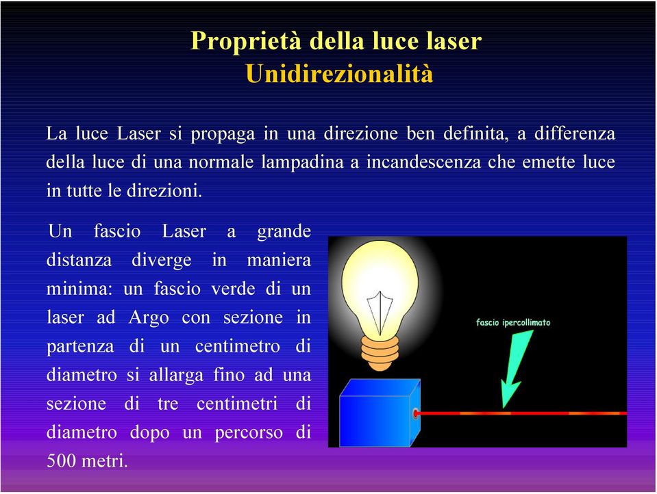 Un fascio Laser a grande distanza diverge in maniera minima: un fascio verde di un laser ad Argo con sezione in