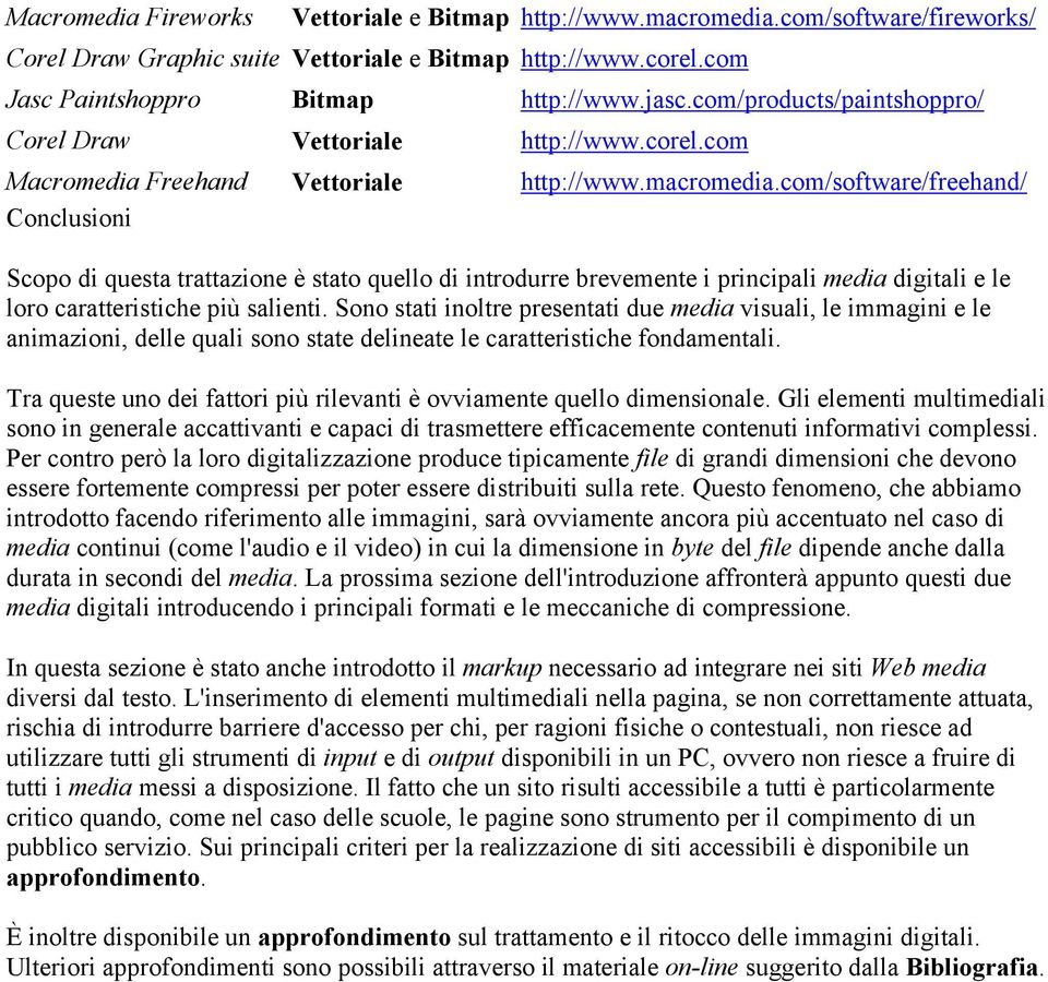 com/software/freehand/ Conclusioni Scopo di questa trattazione è stato quello di introdurre brevemente i principali media digitali e le loro caratteristiche più salienti.