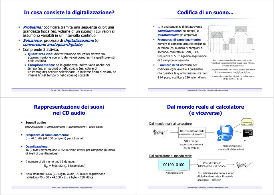 discretizzazione dei valori attraverso approssimazione con uno dei valori compresi fra quelli previsti nella codifica Campionamento: se la grandezza inoltre varia anche nel tempo (es.