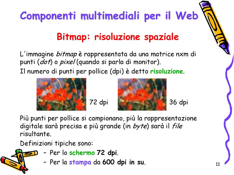 72 dpi 36 dpi Più punti per pollice si campionano, più la rappresentazione digitale sarà precisa e più