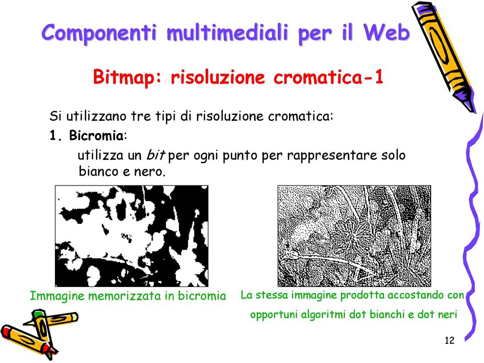 Bicromia: utilizza un bit per ogni punto per rappresentare solo bianco