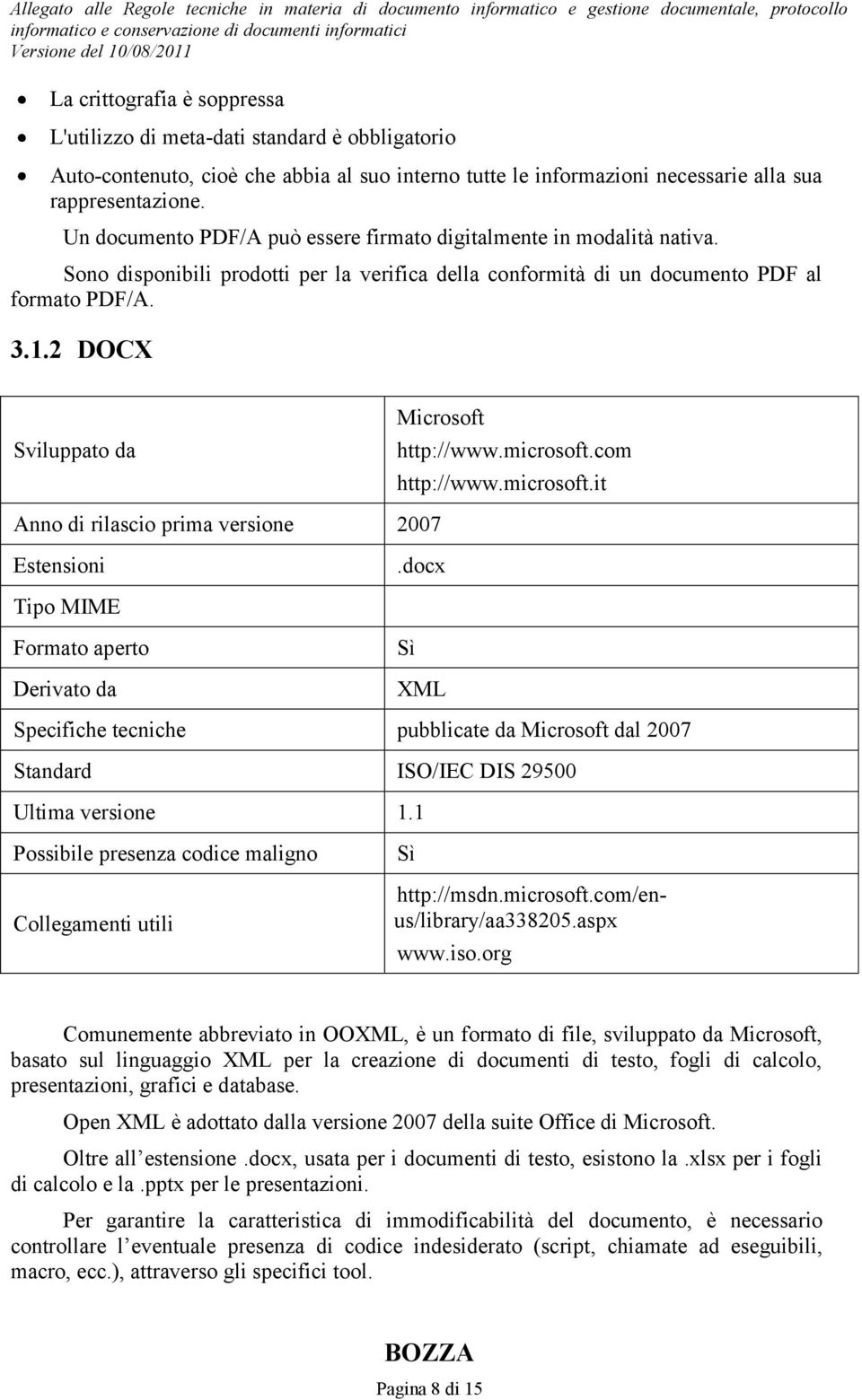 microsoft.com http://www.microsoft.it Anno di rilascio prima versione 2007.docx Derivato da XML Specifiche tecniche pubblicate da Microsoft dal 2007 Standard ISO/IEC DIS 29500 Ultima versione 1.