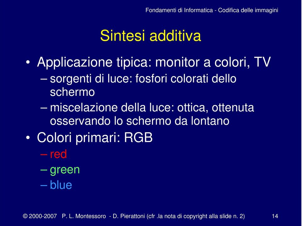 osservando lo schermo da lontano Colori primari: RGB red green blue