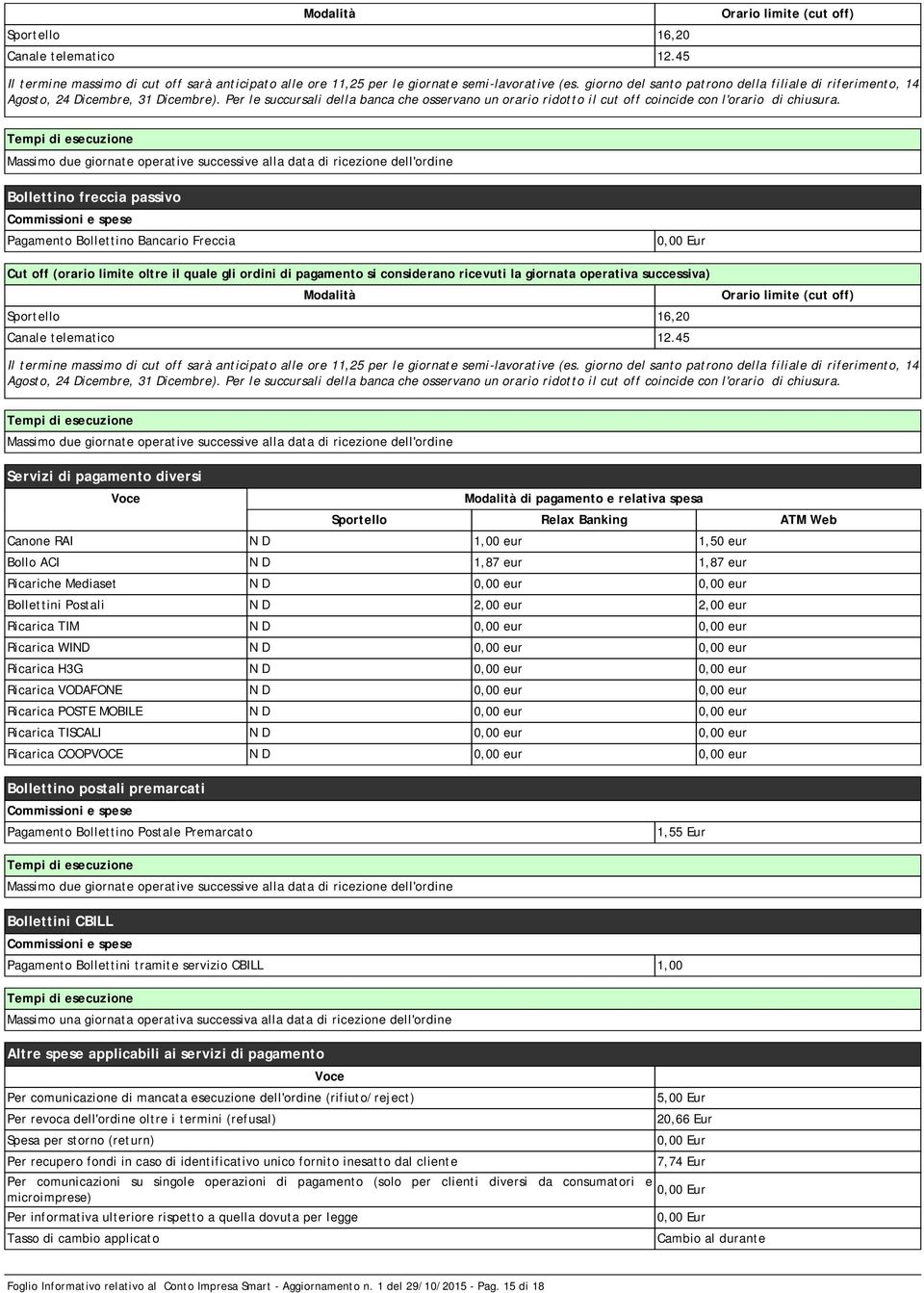 Tempi di esecuzione Massimo due giornate operative successive alla data di ricezione dell'ordine Bollettino freccia passivo Commissioni e spese Pagamento Bollettino Bancario Freccia Cut off (orario