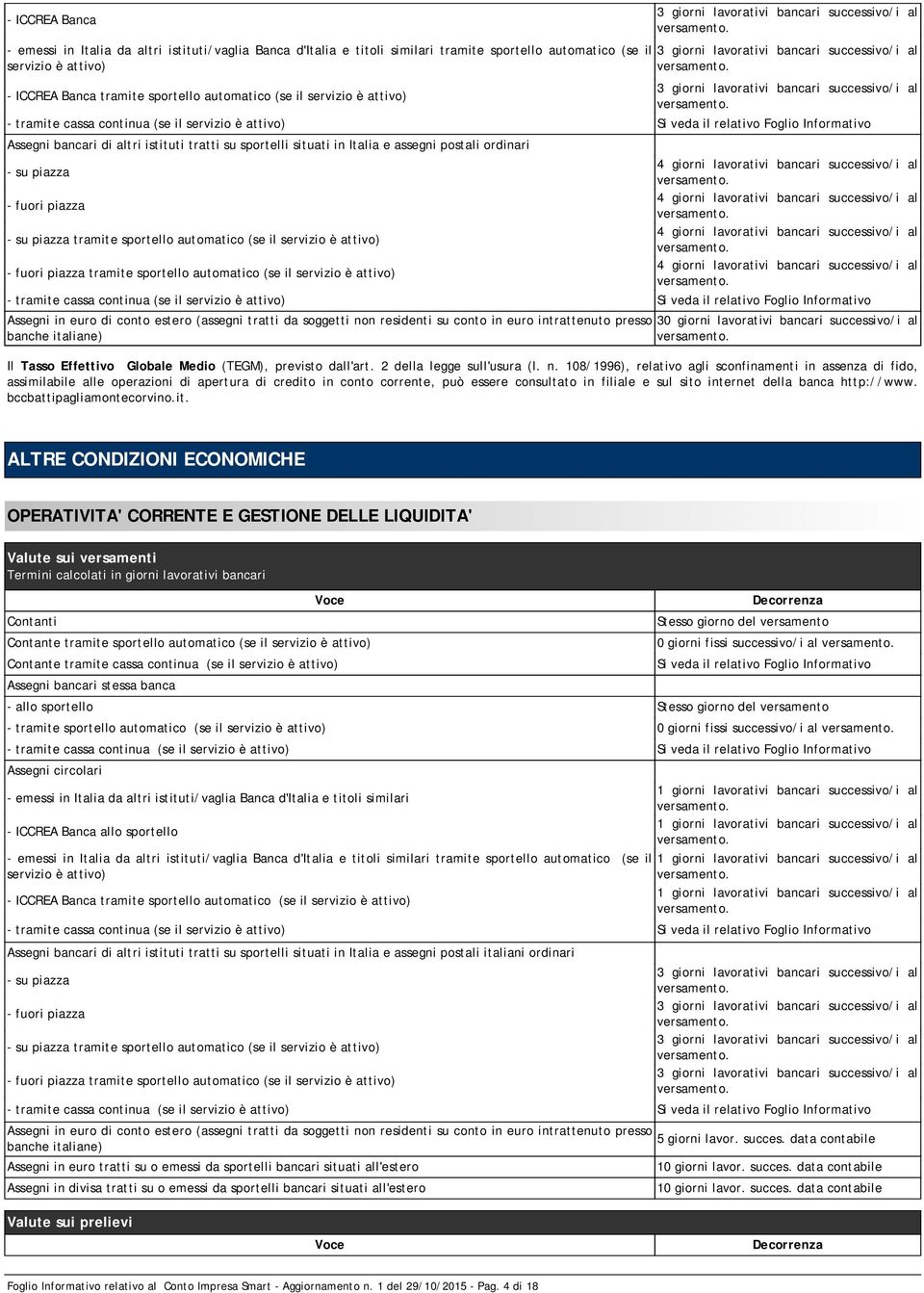 attivo) Si veda il relativo Foglio Informativo Assegni bancari di altri istituti tratti su sportelli situati in Italia e assegni postali ordinari - su piazza - fuori piazza - su piazza tramite