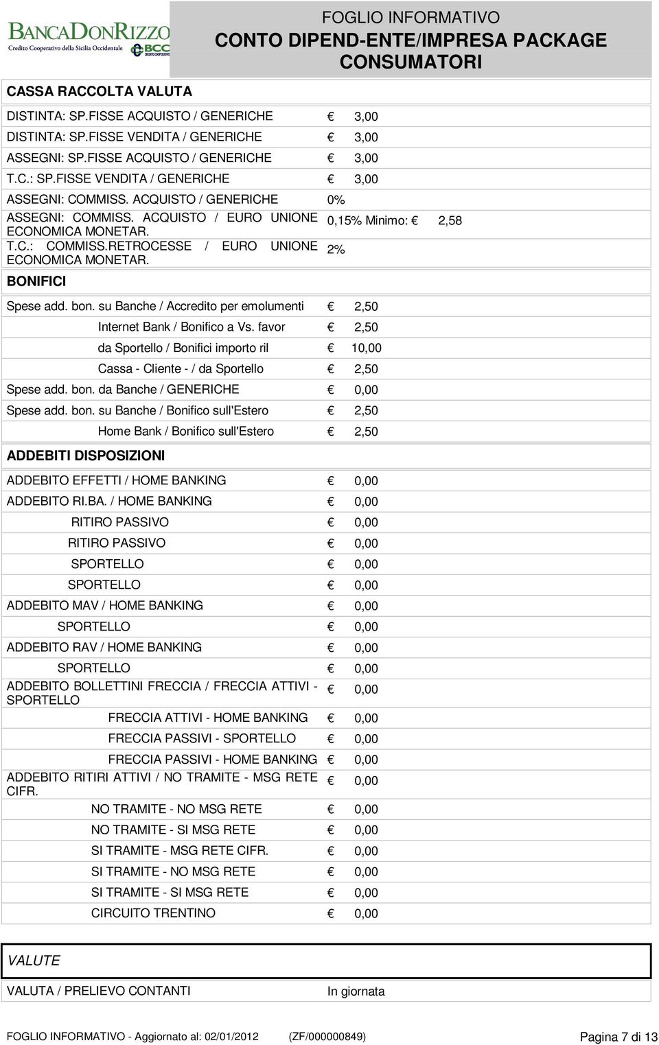 su Banche / Accredito per emolumenti 2,50 Internet Bank / Bonifico a Vs. favor 2,50 da Sportello / Bonifici importo ril 10,00 Cassa - Cliente - / da Sportello 2,50 Spese add. bon.