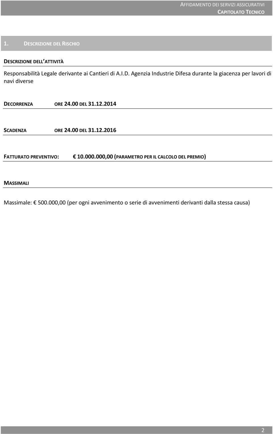 000,00 (PARAMETRO PER IL CALCOLO DEL PREMIO) MASSIMALI Massimale: 500.