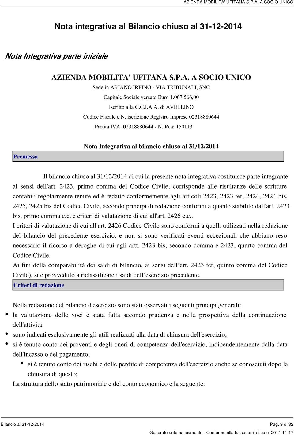 Rea: 150113 Premessa Nota Integrativa al bilancio chiuso al 31/12/2014 Il bilancio chiuso al 31/12/2014 di cui la presente nota integrativa costituisce parte integrante ai sensi dell'art.