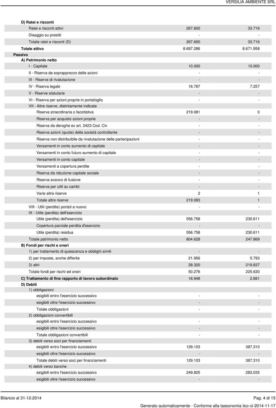 257 V - Riserve statutarie VI - Riserva per azioni proprie in portafoglio VII - Altre riserve, distintamente indicate Riserva straordinaria o facoltativa 219.