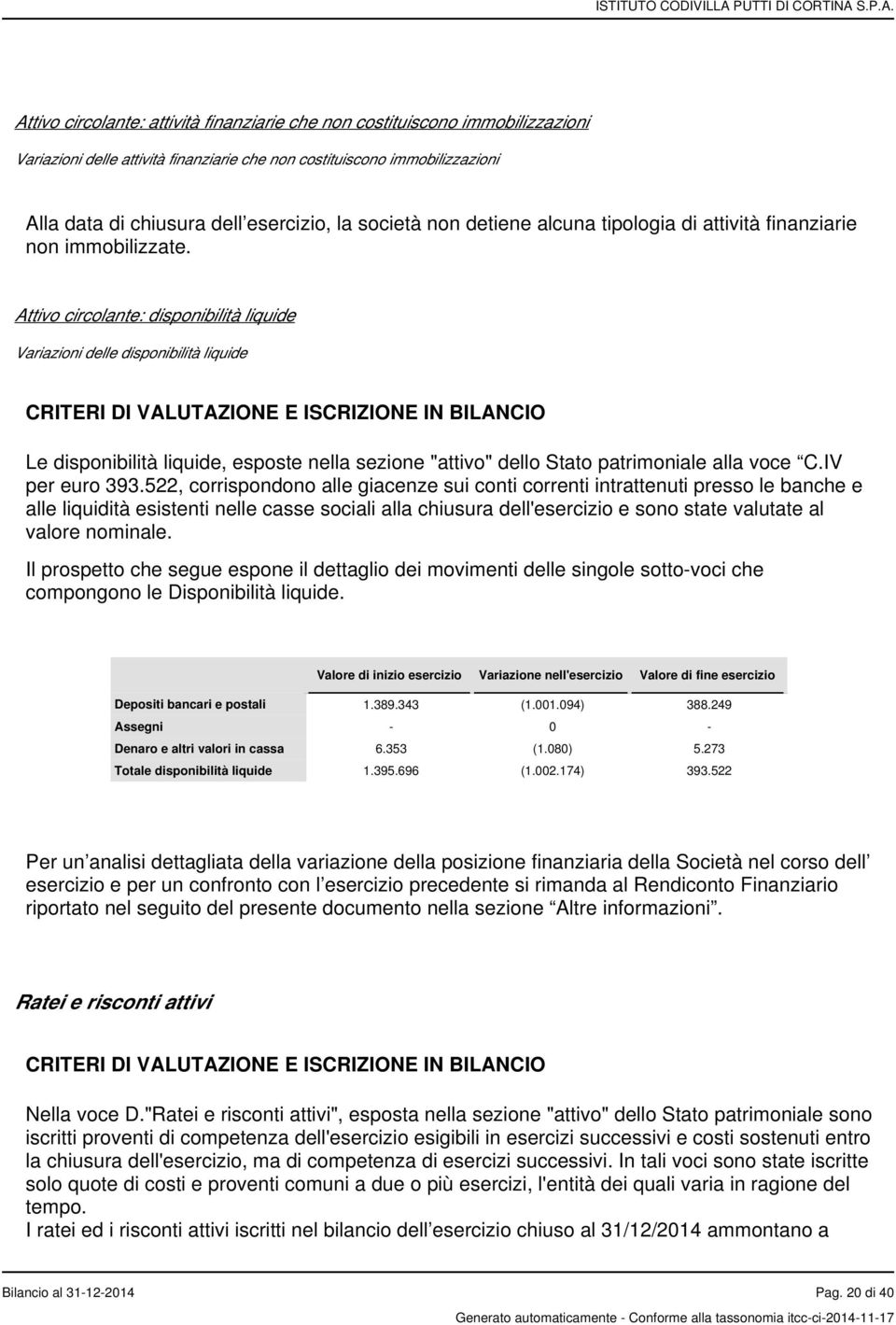 Attivo circolante: disponibilità liquide Variazioni delle disponibilità liquide CRITERI DI VALUTAZIONE E ISCRIZIONE IN BILANCIO Le disponibilità liquide, esposte nella sezione "attivo" dello Stato