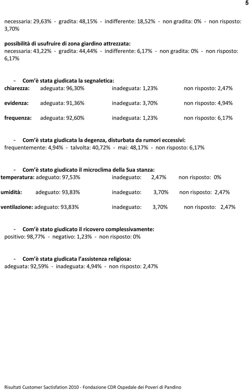 inadeguata: 3,70% non risposto: 4,94% frequenza: adeguata: 92,60% inadeguata: 1,23% non risposto: 6,17% - Com è stata giudicata la degenza, disturbata da rumori eccessivi: frequentemente: 4,94% -