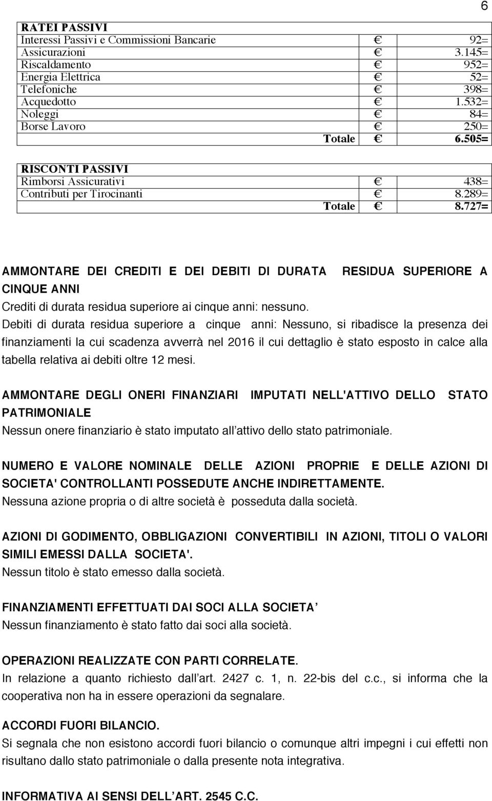 727= AMMONTARE DEI CREDITI E DEI DEBITI DI DURATA RESIDUA SUPERIORE A CINQUE ANNI Crediti di durata residua superiore ai cinque anni: nessuno.