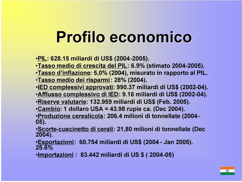 Afflusso complessivo di IED: 9.16 miliardi di US$ (2002-04). Riserve valutarie: 132.959 miliardi di US$ (Feb. 2005). Cambio: 1 dollaro USA = 43.98 rupie ca. (Dec 2004).