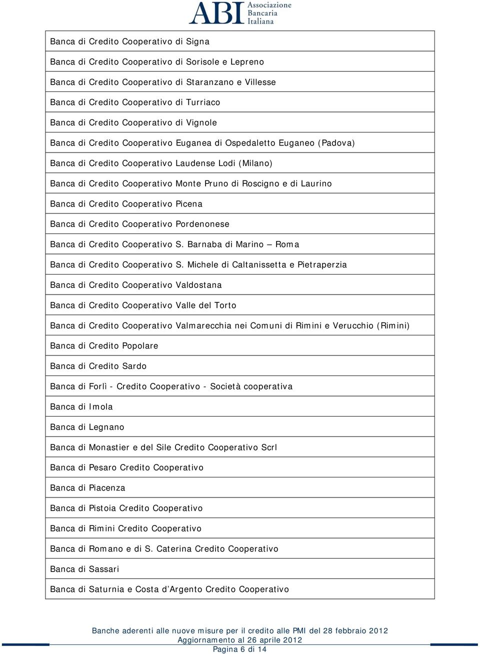 Roscigno e di Laurino Banca di Credito Cooperativo Picena Banca di Credito Cooperativo Pordenonese Banca di Credito Cooperativo S. Barnaba di Marino Roma Banca di Credito Cooperativo S.