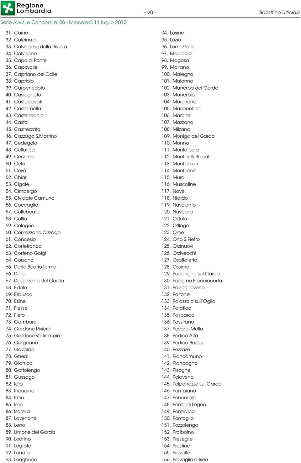 Cividate Camuno 56. Coccaglio 57. Collebeato 58. Collio 59. Cologne 60. Comezzano Cizzago 61. Concesio 62. Cortefranca 63. Corteno Golgi 64. Corzano 65. Darfo Boario Terme 66. Dello 67.