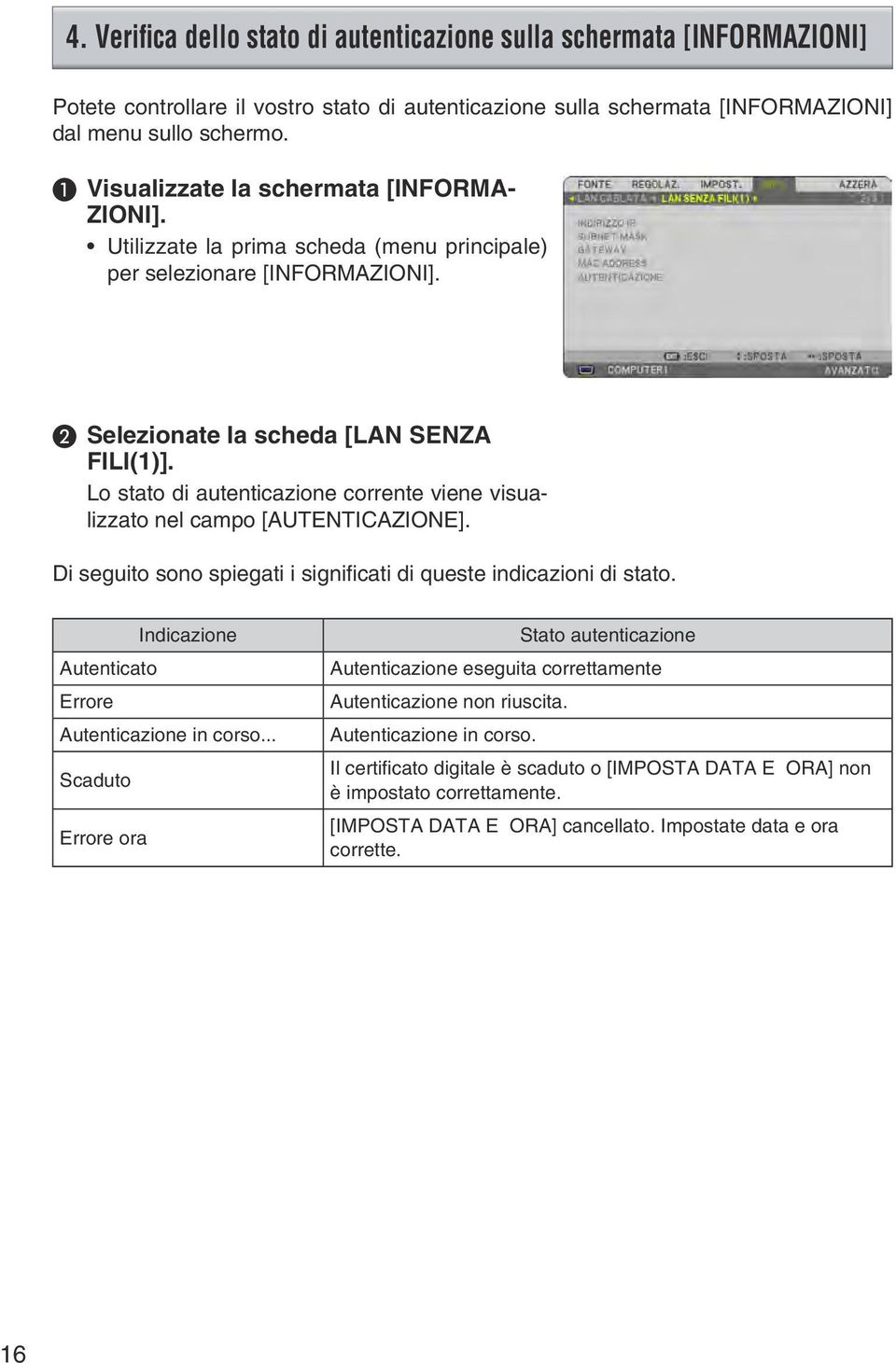 Lo stato di autenticazione corrente viene visualizzato nel campo [AUTENTICAZIONE]. Di seguito sono spiegati i significati di queste indicazioni di stato.