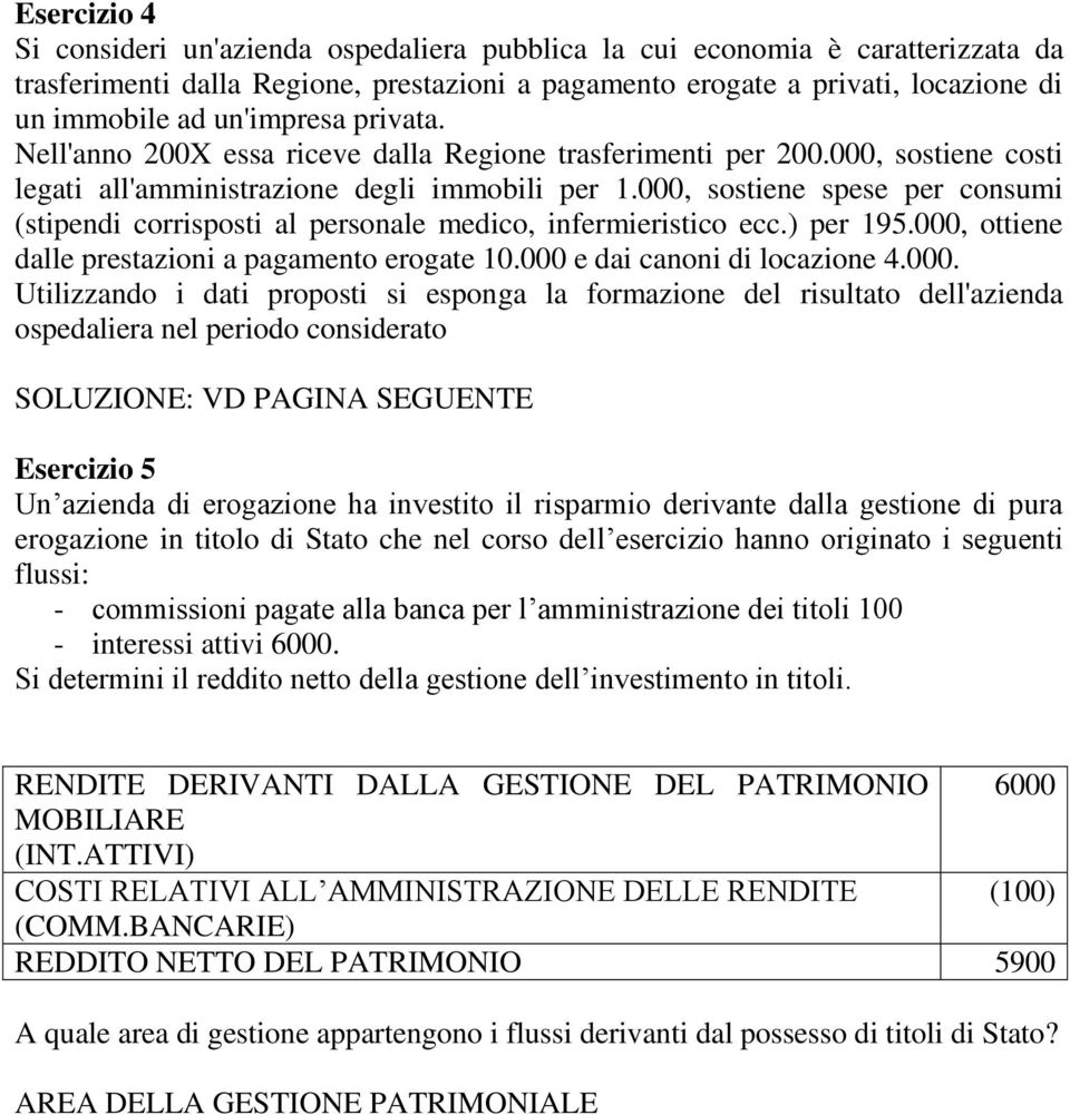 000, sostiene spese per consumi (stipendi corrisposti al personale medico, infermieristico ecc.) per 195.000, ottiene dalle prestazioni a pagamento erogate 10.000 e dai canoni di locazione 4.000.