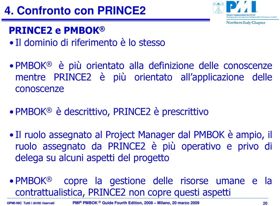 PMBOK è ampio, il ruolo assegnato da PRINCE2 è più operativo e privo di delega su alcuni aspetti del progetto PMBOK copre la gestione delle
