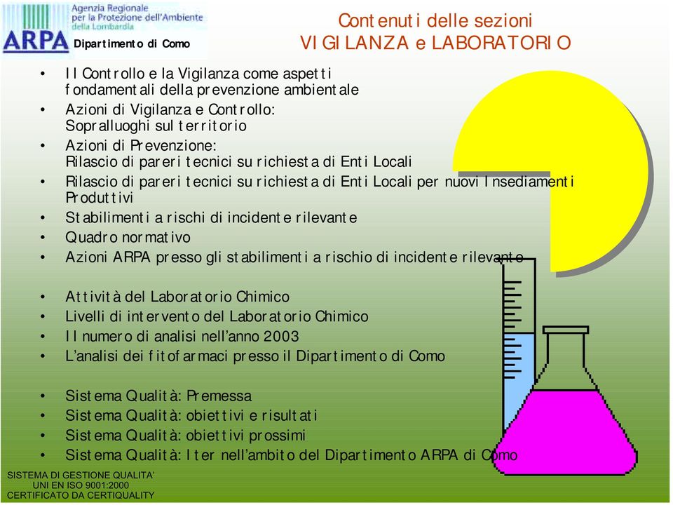 rilevante Quadro normativo Azioni ARPA presso gli stabilimenti a rischio di incidente rilevante Attività del Laboratorio Chimico Livelli di intervento del Laboratorio Chimico Il numero di analisi